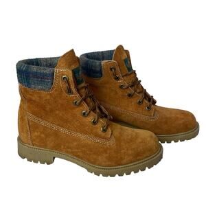 Vintage 90s Tan Leather Boots Wool Lined Streetwear Workwear Gorp Suede Shoes 7